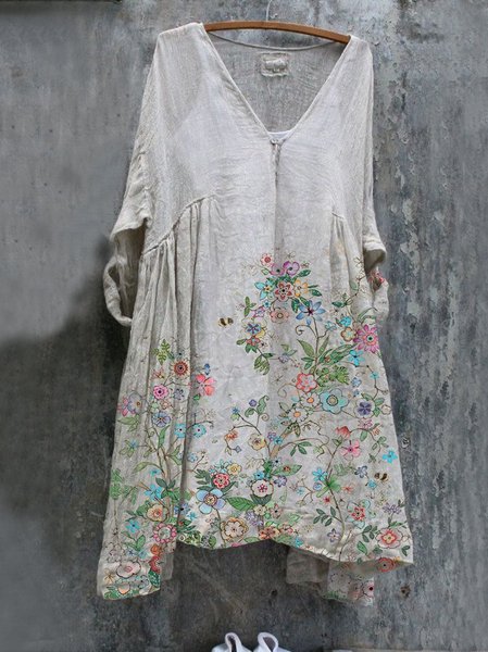 

V Neck Cotton-Blend Floral 3/4 Sleeve Women Dress, Apricot, Mini Dresses