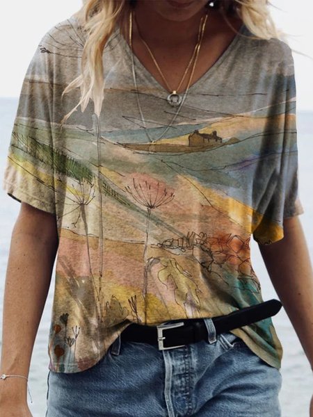 

Scollo a V Maniche Corte Tee Top, Colore, T-Shirts