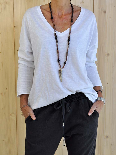 

Scollo a V Maniche Lunghe Solido Casuale Top, Bianco, Sweater