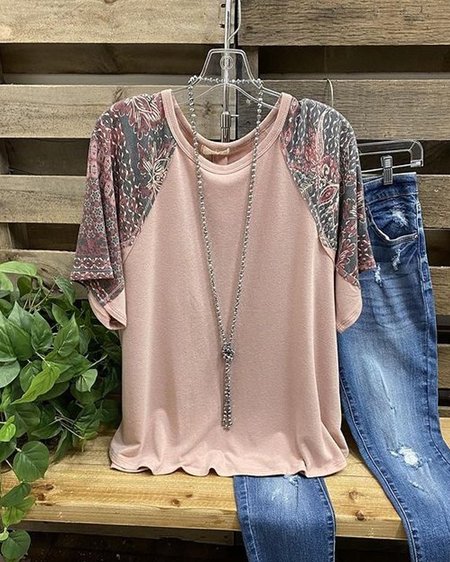 

Paisley Short Sleeve Printed Cotton-blend Crew Neck Vintage Summer Dusty Pink Top, T-Shirts