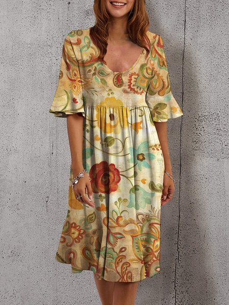 

Abito A-line Mezza Manica Floreale Stampato Floreale, Giallo, Midi Dresses
