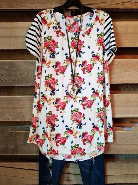 

Girocollo Casuale Maniche Corte Stampato Floreale Top, Multicolore, T-Shirts
