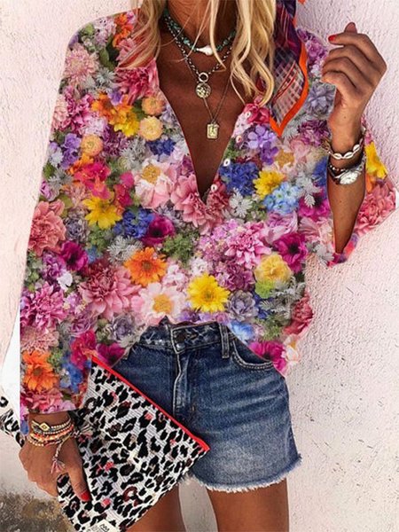 

Casuale Stampato Floreale Maniche Lunghe Camicie & Top, Multicolore, Blouses & Shirts