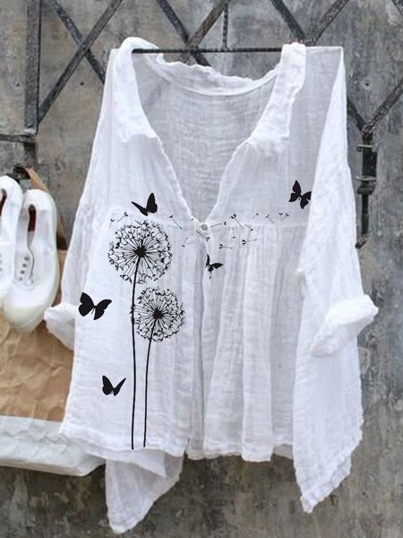 

Long Sleeve Casual Linen Printed Shirts & Tops, White, Tops