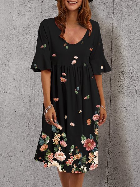 

A-Line Crew Neck Elegant Frill Sleeve Dress, Black, Midi