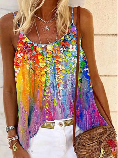 

Stampato Floreale senza maniche Spaghetti Top, Multicolore, Tank Top