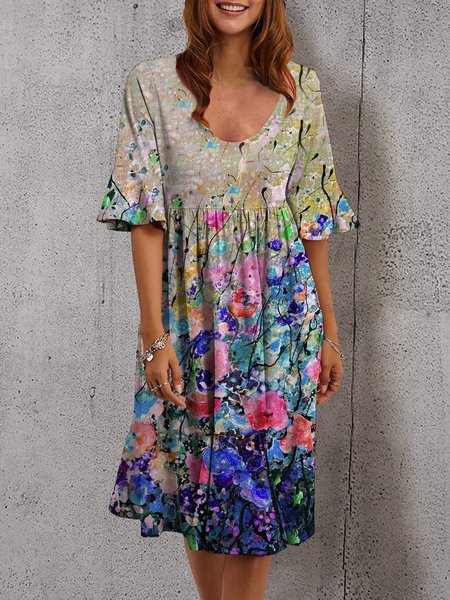 Abito Elegante Misto Cotone Mezza Manica A-line, Blu, Linen & Cotton Dresses