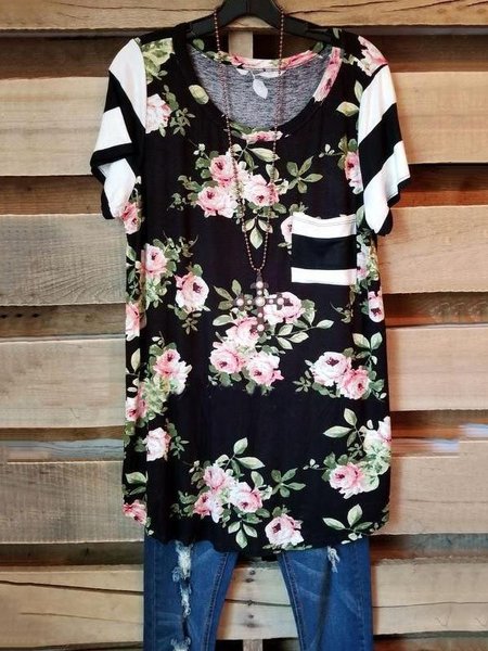 

Stampato Floreale Maniche Corte Casuale Top, Nero, T-Shirts