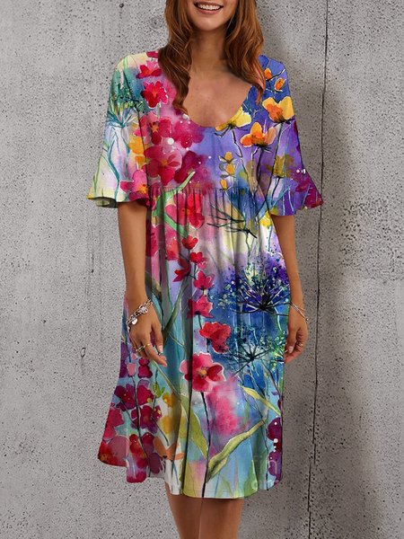 

Abito Elegante A-line Manica a Volant Misto Cotone, Multicolore, Linen & Cotton Dresses