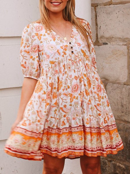 

Abito Scollo a V Bohemian Stampata Floreale, Arancia, Mini Dresses