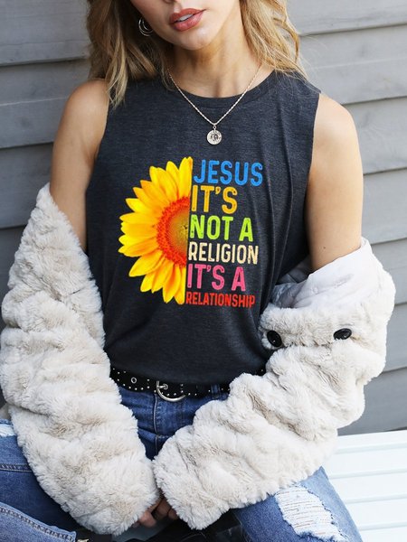 

Sunflower Jesus It’s Not A Religion It’s A Relationship Tank Top, Black, Tank Tops