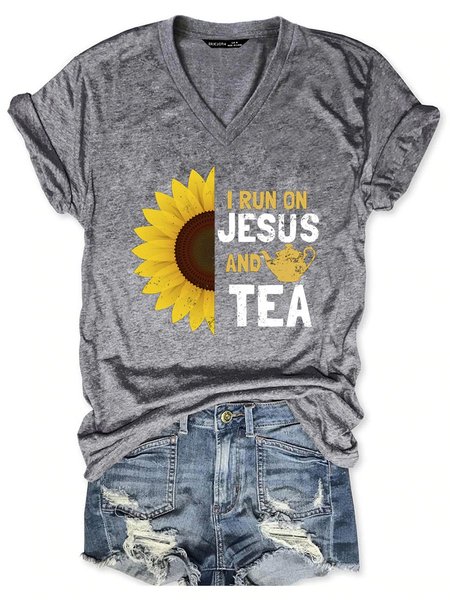

I Run On Tee Sunflower Jesus Graphic V-neck Tee, Gray, T-shirts