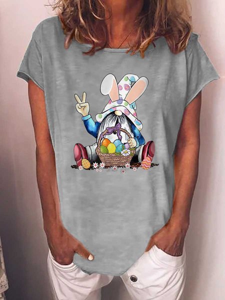 

Easter Gnomes Graphic Short Sleeve Round Neck Loose Tee, Gray, T-shirts