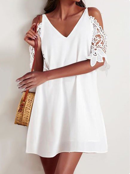 

Abito Casuale Scollo a V Misto Cotone, Bianco, Dresses