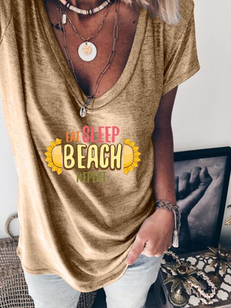 

Eat Sleep Beach Repeat Graphic V-neck Tee, Khaki, T-shirts