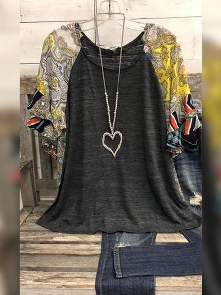 

Paisley Short Sleeve Printed Cotton-blend Crew Neck Vintage Summer Deep Gray Top, Blouses & Shirts