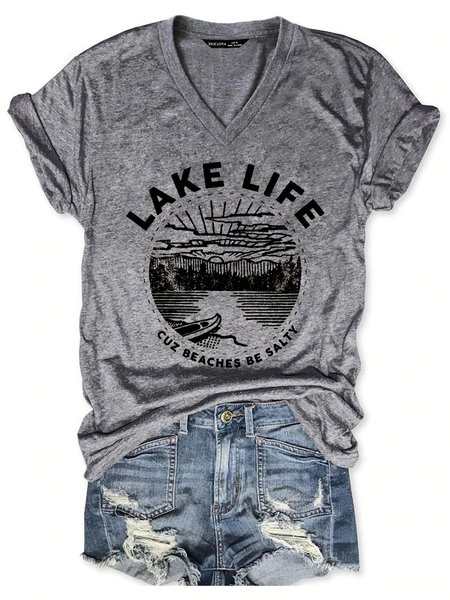

Lake Life Cuz Beaches Be Salty Short Sleeve Cotton-Blend Woman's T-shirt, Gray, T-shirts