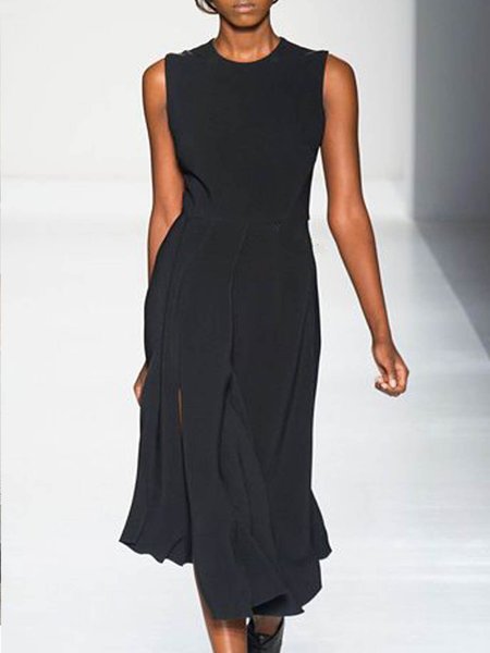 

Girocollo Senza Maniche Abito, Nero, Midi Dresses