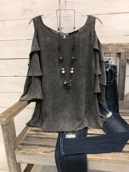 

Half Sleeve Printed Cotton-blend Crew Neck Vintage Summer Black Top, Blouses & Shirts