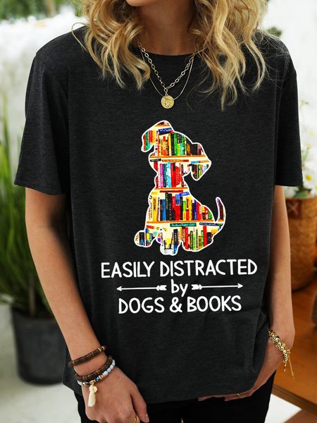 

Easily Distracted By Dogs And Books Cotton Shirts & Top, Black, T-shirts