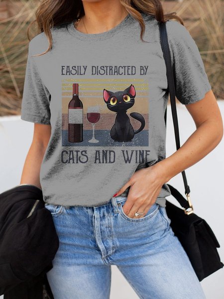 

Easily Distracted By Cats And Wine Vintage T-shirt, Gray, T-shirts