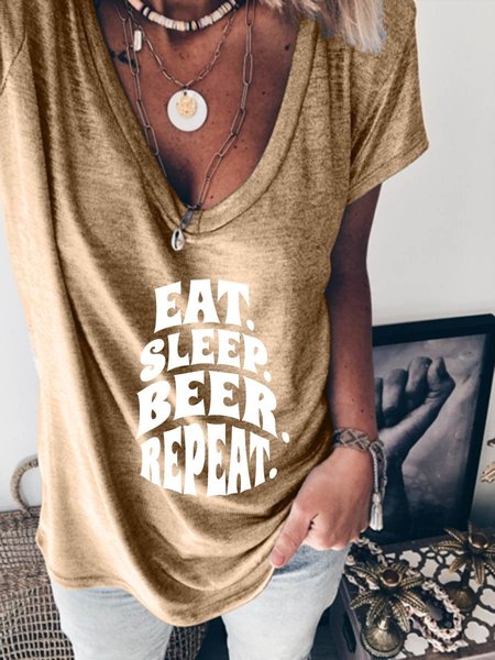 

Eat Sleep Beer Repeat Graphic V-neck Tee, Khaki, T-shirts