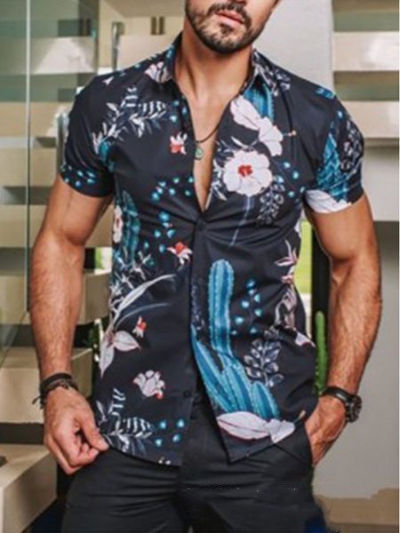 

Printed Shirt Collar Casual Shirts & Tops, As picture, Men's Floral shirt