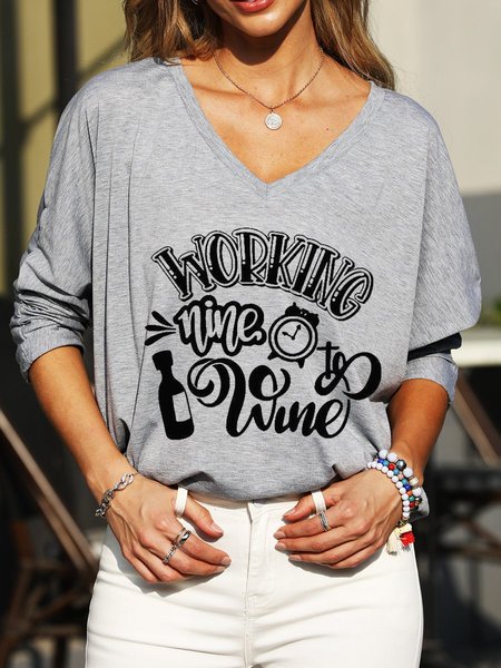 

Working Nine To Wine Graphic Long Sleeve V-Neck Top, Gray, T-shirts