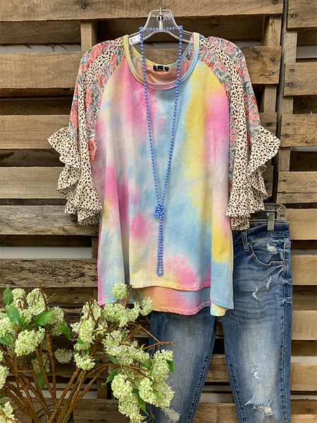 Crew Neck Short Sleeve Leopard-Print Cotton-Blend Shirts & Tops, Multicolor, Auto-Clearance