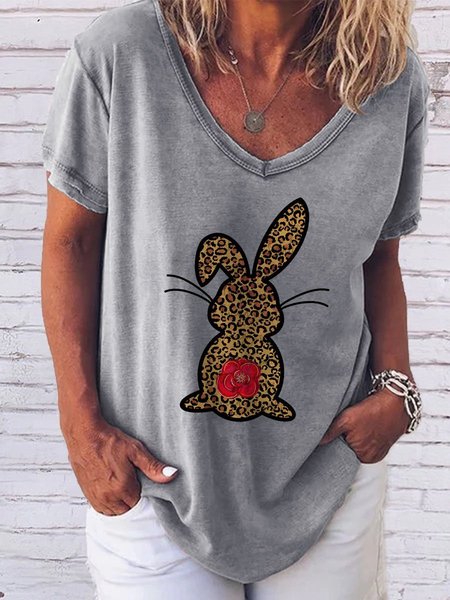 

Easter Bunny Graphic Short Sleeve V-Neck Loose Tee, Gray, T-shirts
