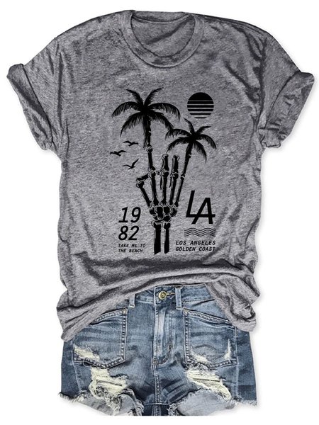 

Coconut Skull Graphic Short Sleeve Round Neck Loose Tee, Gray, T-shirts