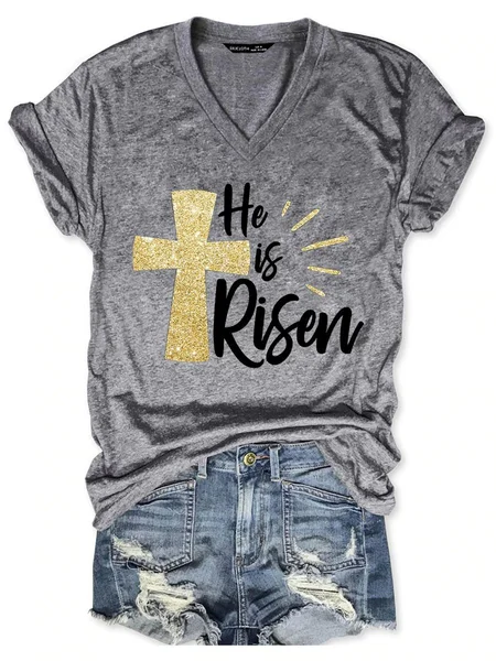 

He Is Risen Easter Graphic Short Sleeve V-Neck Loose Tee, Gray, T-shirts