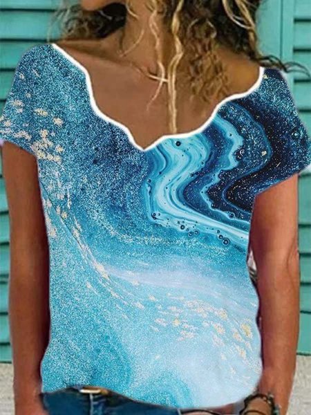 

Stampato Casuale Maniche Lunghe Scollo a V Camicie & Top, Blu, T-Shirts