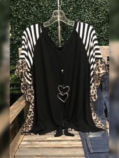 

Striped Leopard Short Sleeve Printed Cotton-blend Crew Neck Casual Summer Black Top, Tops