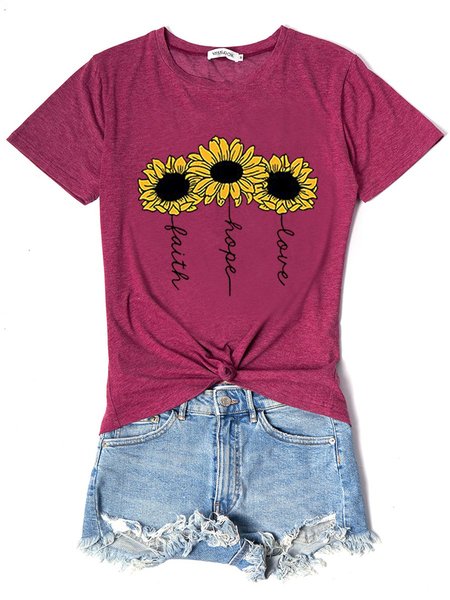 

Love Hope Faith Crew Neck Floral Short Sleeve Woman's Shirts & Tops, Burgundy, T-shirts