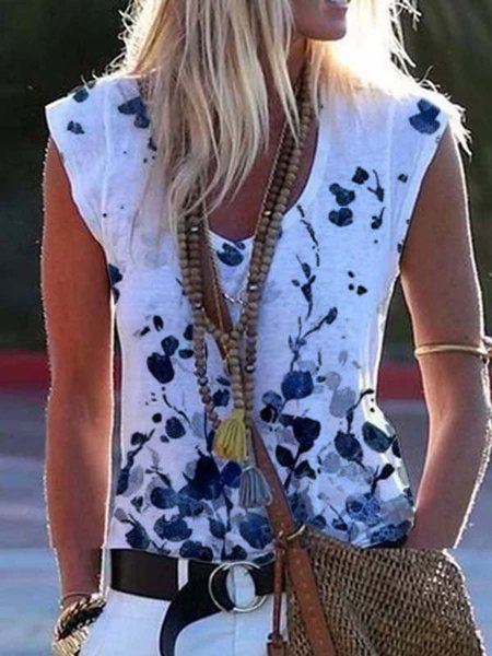 

Cotton-Blend Sleeveless Floral-Print Casual Shirts & Tops, White, Tanks & Camis