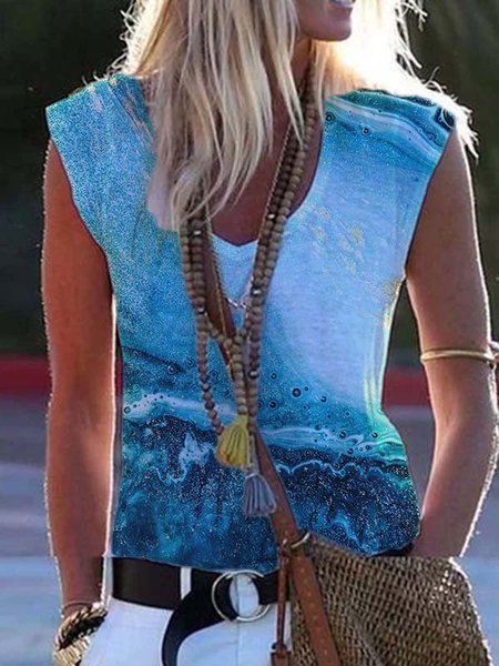 

V Neck Printed Sleeveless Shirts & Tops, Blue, Tank Top