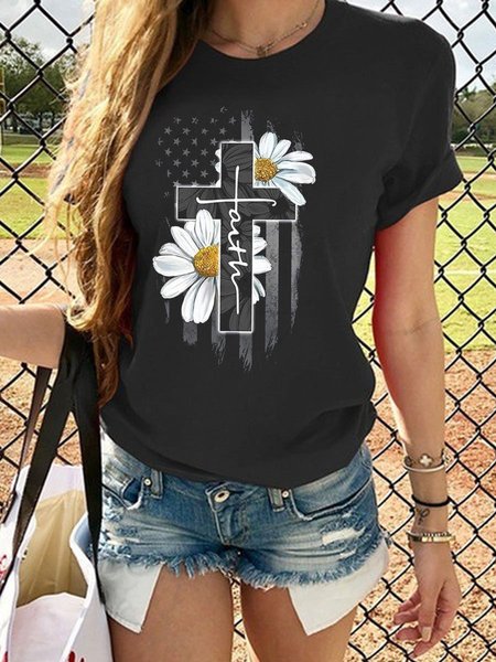 

Faith Flag Daisy Graphic Short Sleeve Round Neck Loose Tee, Black, T-shirts