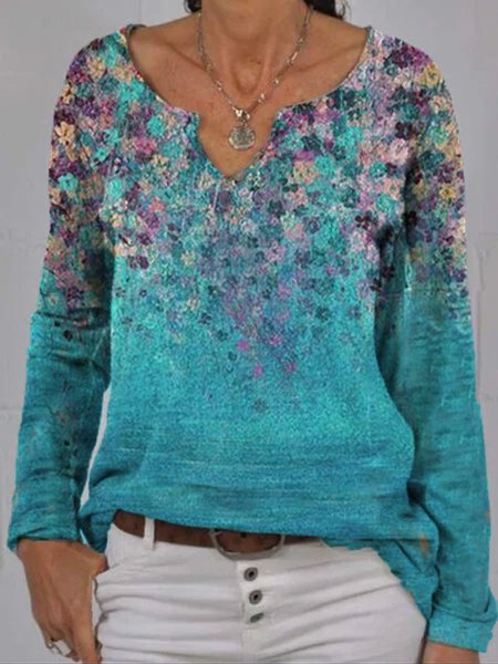 Scollo a V Maniche Lunghe Casuale Camicie & Top Cotone, Verde chiaro, T-Shirts