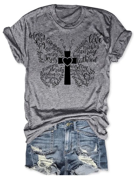

Butterfly Cross Graphic Short Sleeve Round Neck Loose Tee, Gray, T-shirts