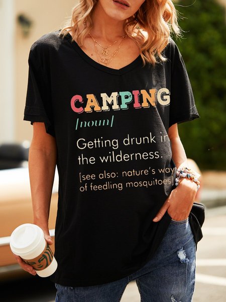 

Camping Getting Drunk In The Wilderness Vintage V-neck Tee, Black, T-shirts