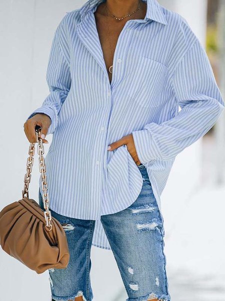 

Misto Cotone Colletto a Camicia Maniche Lunghe Top, Blu, Blouses & Shirts