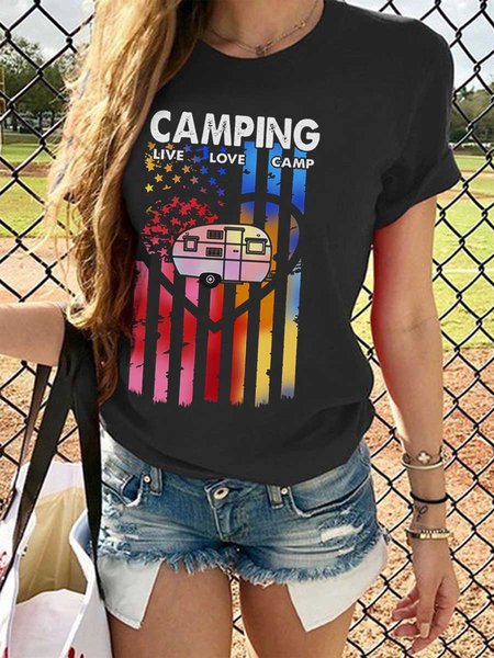 

Camping Graphic Short Sleeve Round Neck Loose Tee, Black, T-shirts