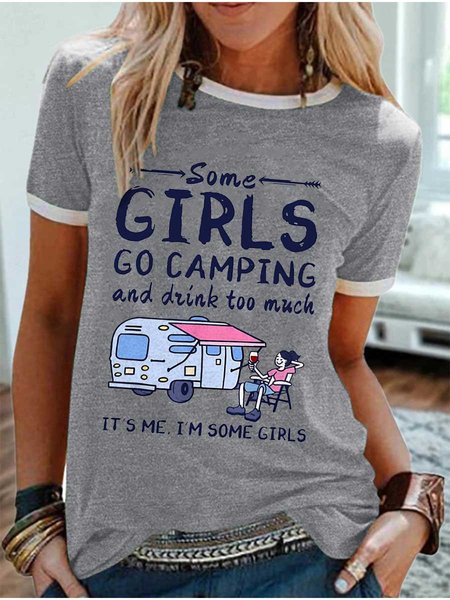 

Camping Lover Graphic Short Sleeve Round Neck Loose Tee, Gray, T-shirts
