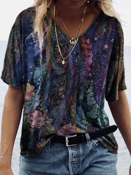 

Women's Summer Casual Floral Printed V-Neck Short Sleeve T-shirt, Multicolor, Tops