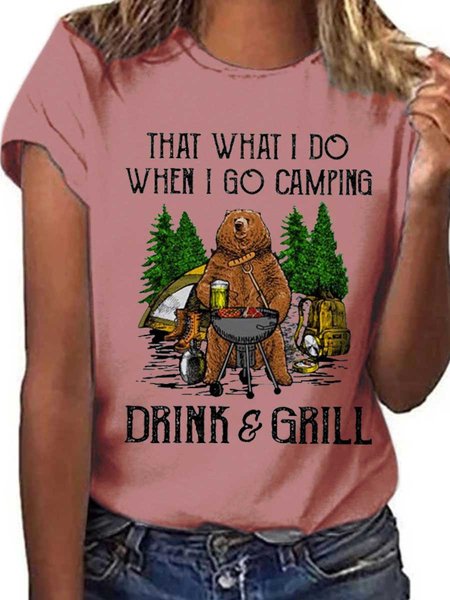 

Camping Graphic Short Sleeve Round Neck Loose Tee, Brick red, T-shirts