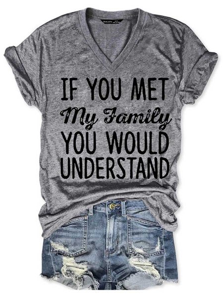 

Funny Letter Graphic Short Sleeve V-Neck Loose Tee, Gray, T-shirts