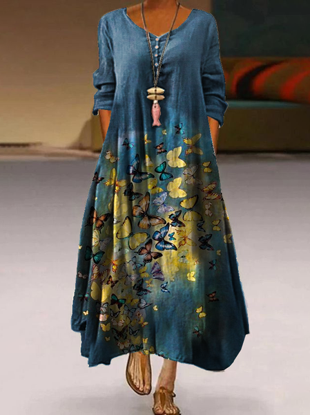 

Gonna Casuale Scollo a V Misto Cotone Maniche Lunghe, Blu, Summer dresses