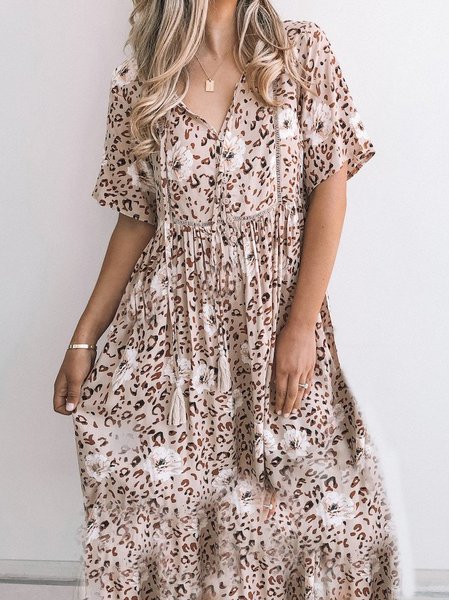 Abito A-line Vintage Misto Cotone, Cachi, Midi Dresses