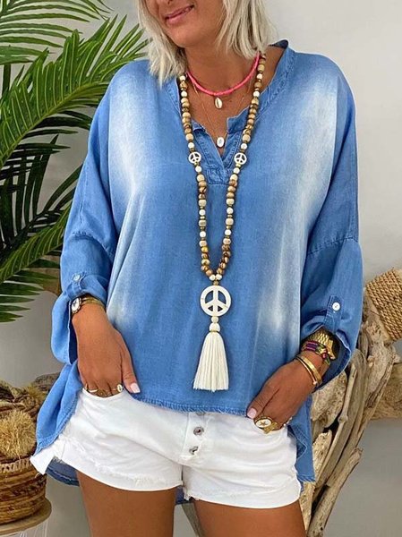

Scollo a V Denim Maniche Lunghe Casuale Top, Blu, T-Shirts